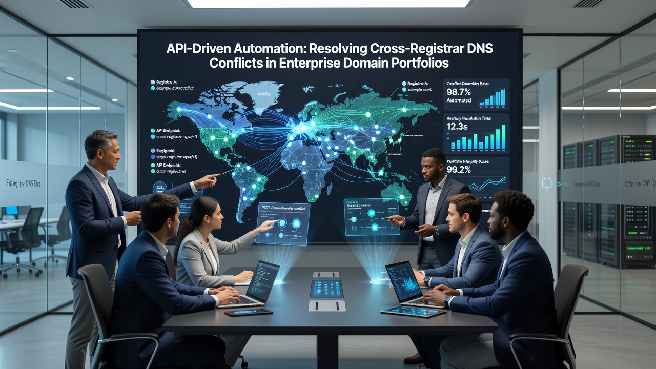 Flow diagram of API calls between enterprise DNS manager and three different registrars