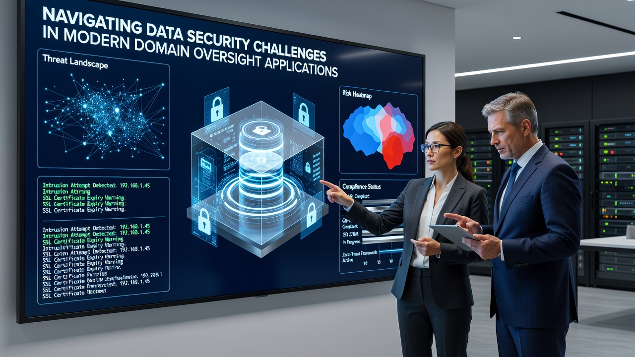 Security team reviewing domain oversight logs with encryption and access control visualizations